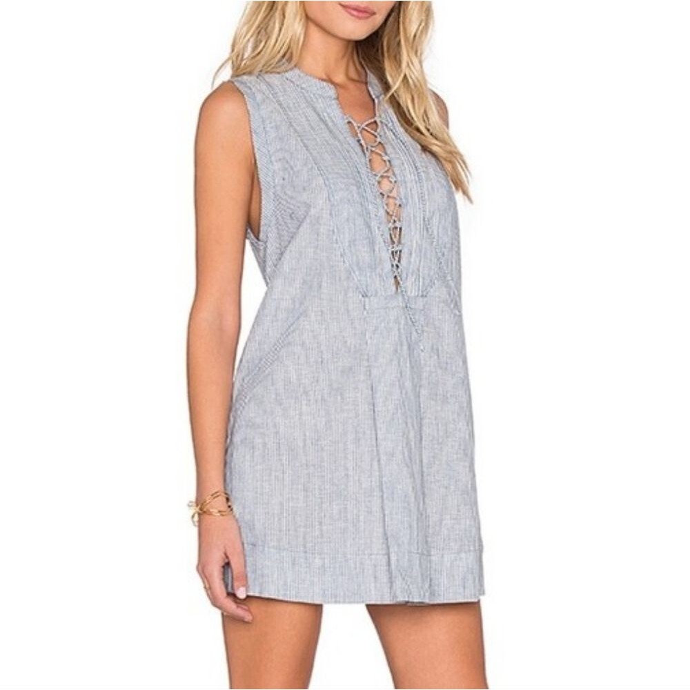 Free People Blue White Striped Linen Chambray Sleeveless Mini Dress Eyelet Large
